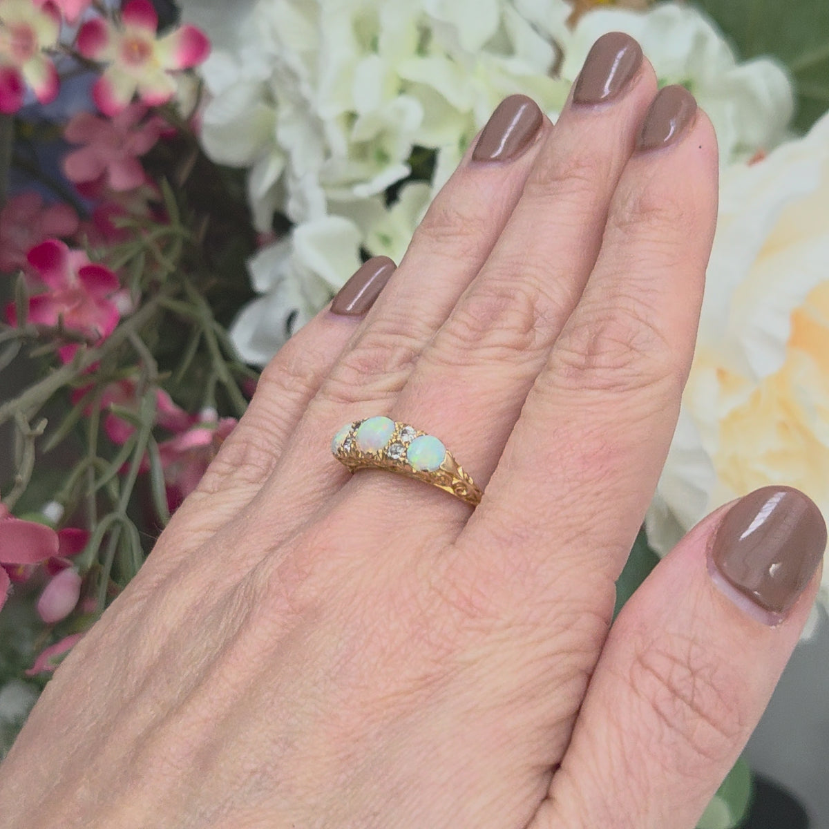 Edwardian Antique Opal Three Stone Carved Hoop Ring with Diamonds