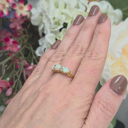 Edwardian Antique Opal Three Stone Carved Hoop Ring with Diamonds