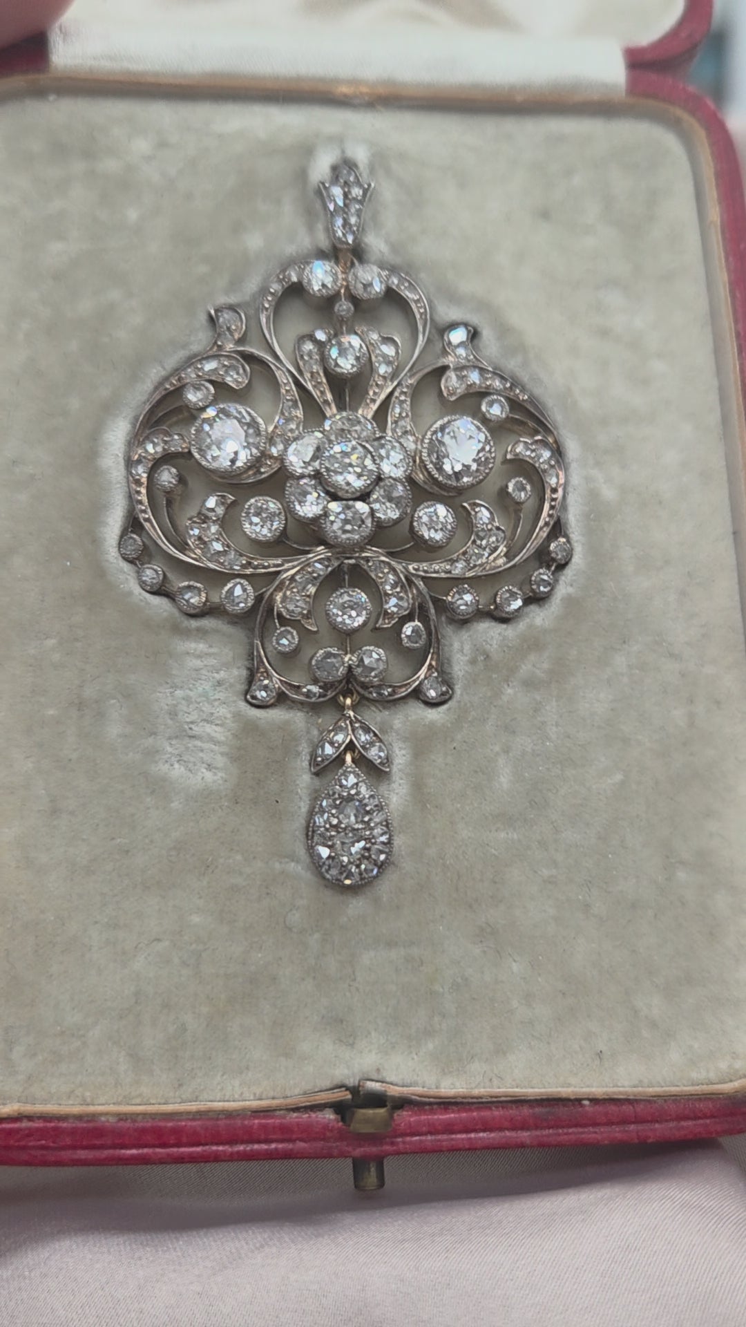 Victorian Antique Old Cut Diamond Scroll Drop Pendant