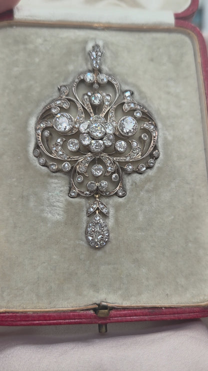Victorian Antique Old Cut Diamond Scroll Drop Pendant