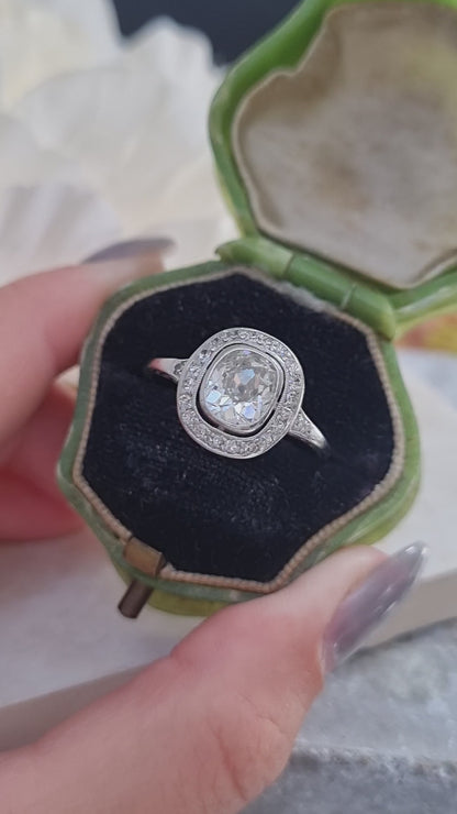 Antique 1.50ct Cushion Diamond Halo Cluster Engagement Ring