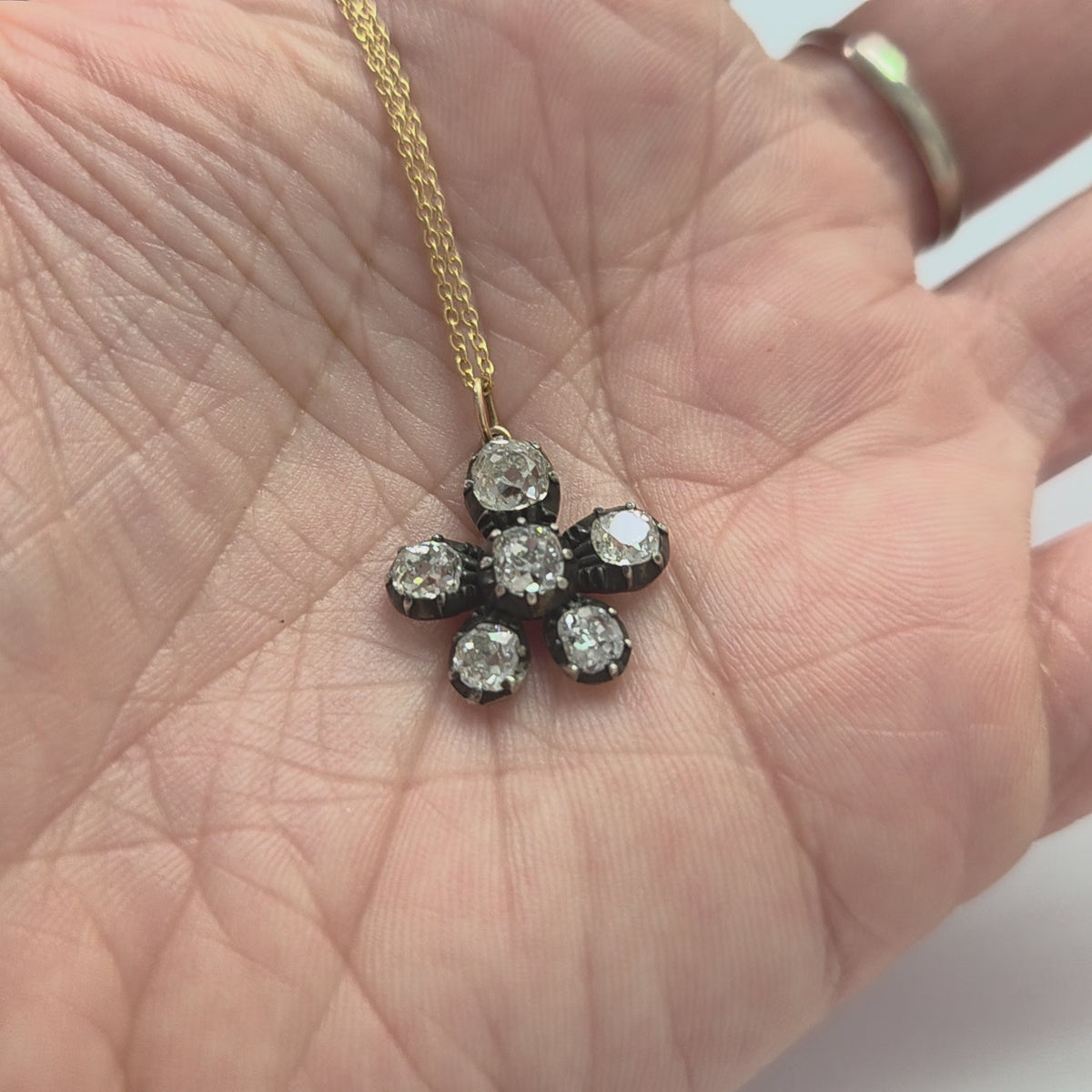 Antique 1.80ct Old Cut Diamond Flower Pendant with Chain