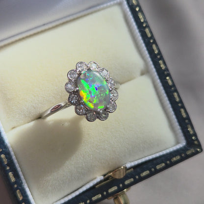 Antique Black Opal and Old Cut Diamond Cluster Engagement Ring in Platinum