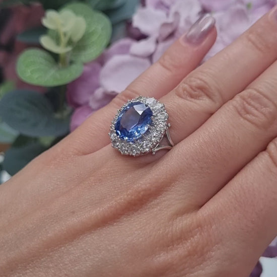 Natural Cornflower Ceylon Sapphire and Diamond Cluster Ring