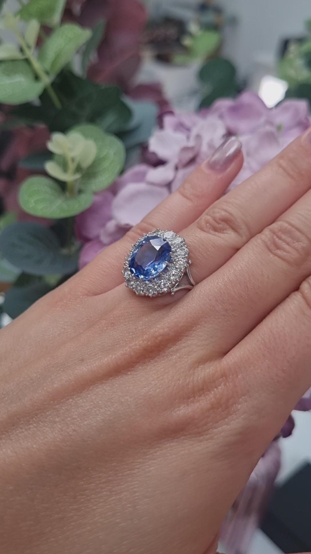 Natural Cornflower Ceylon Sapphire and Diamond Cluster Ring