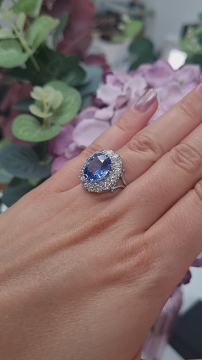 Natural Cornflower Ceylon Sapphire and Diamond Cluster Ring