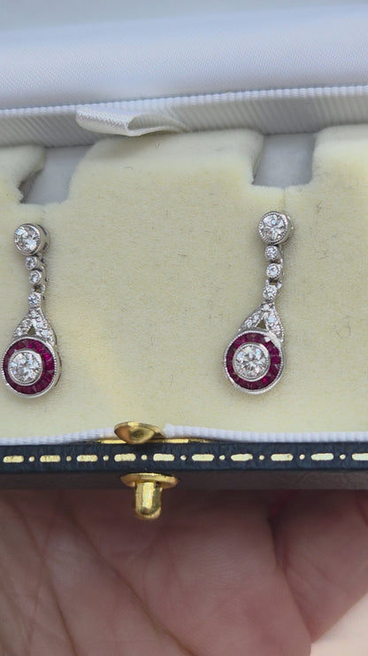 Ruby and Diamond Target Cluster Drop Earrings