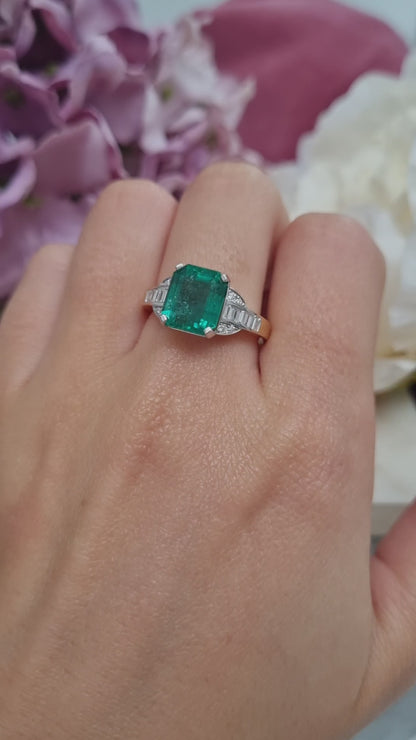 4ct Emerald-Cut Emerald and Baguette Diamond Cluster Engagement Ring