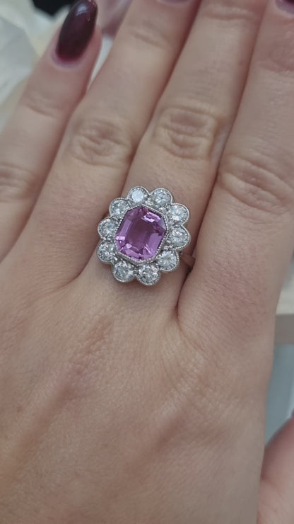 Vintage 1.30ct Pink Topaz and Diamond Cluster Ring