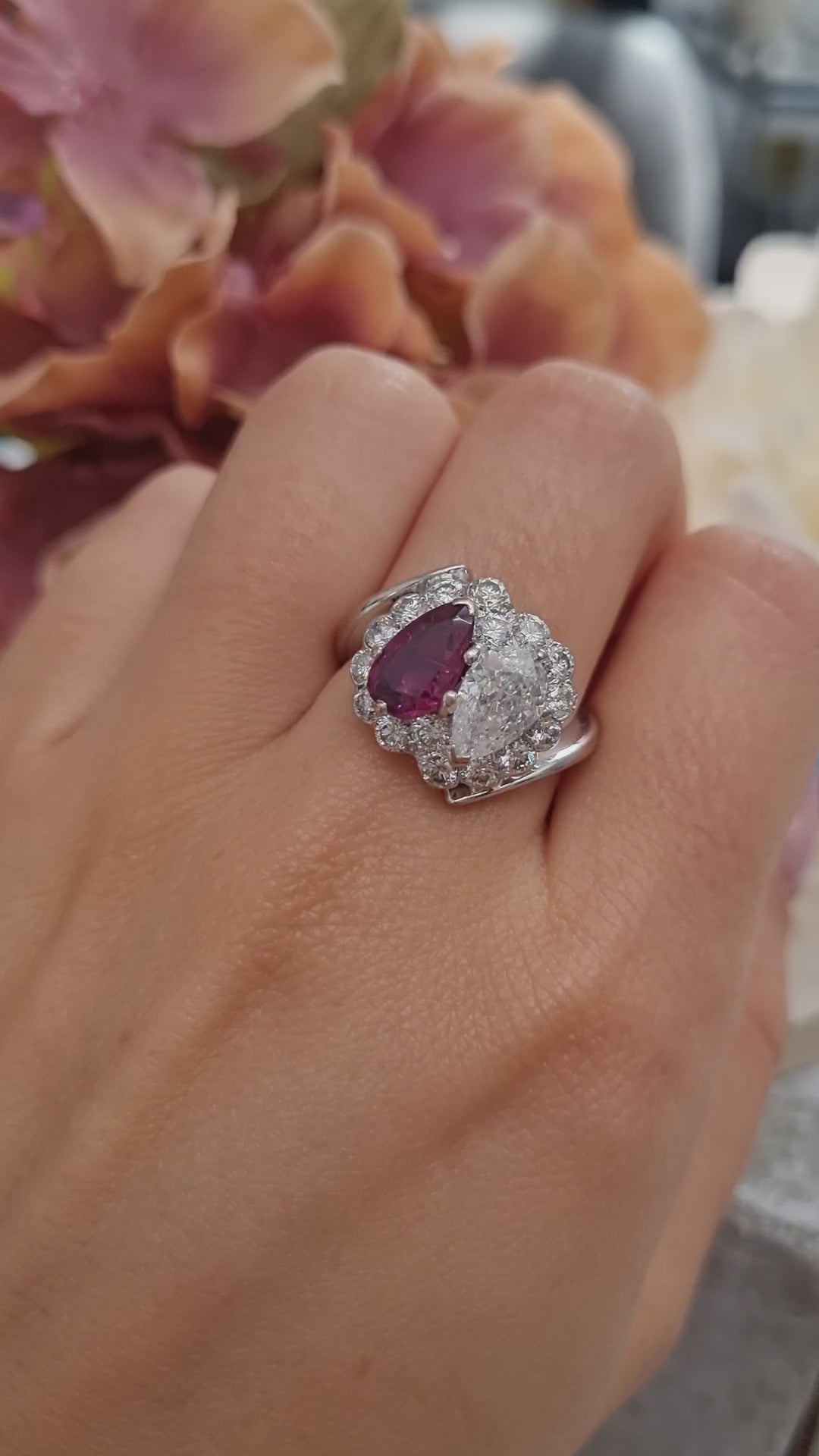 Antique Pear Shape Old Cut Ruby and Diamond Two Stone Toi et Moi Cluster Ring