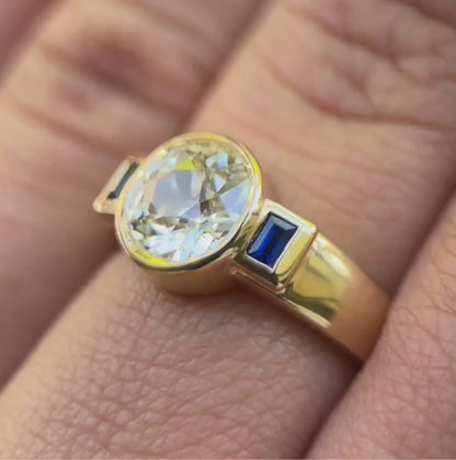 1.63ct Old Cut Diamond  and Baguette Sapphire Engagement Ring