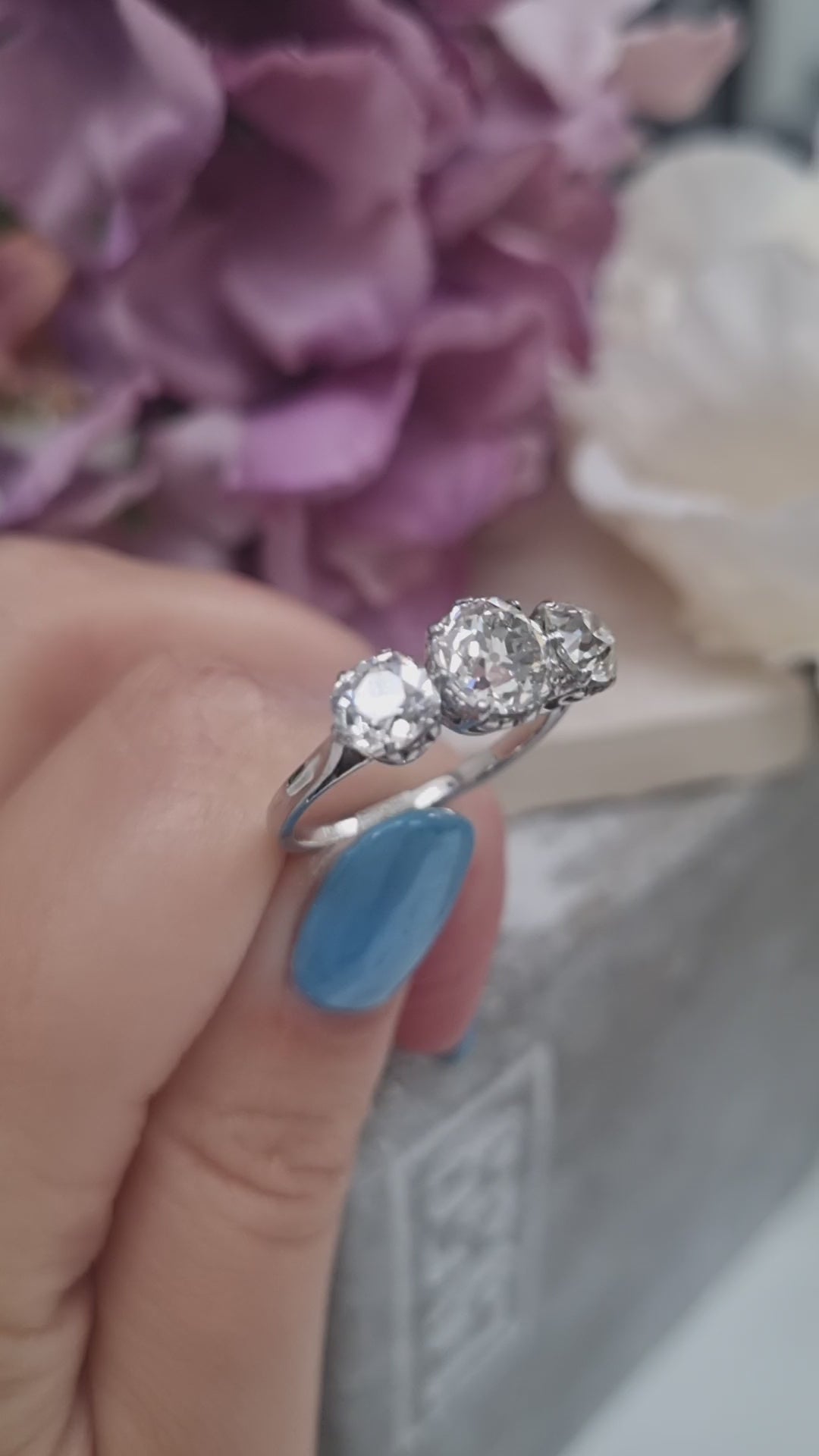 Antique 2.9ct Old Mine Cut Diamond Three Stone Engagement Ring