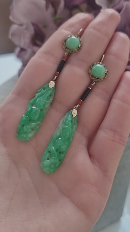 Art Deco Carved Jade Drop Earrings with Black and Orange Enamel