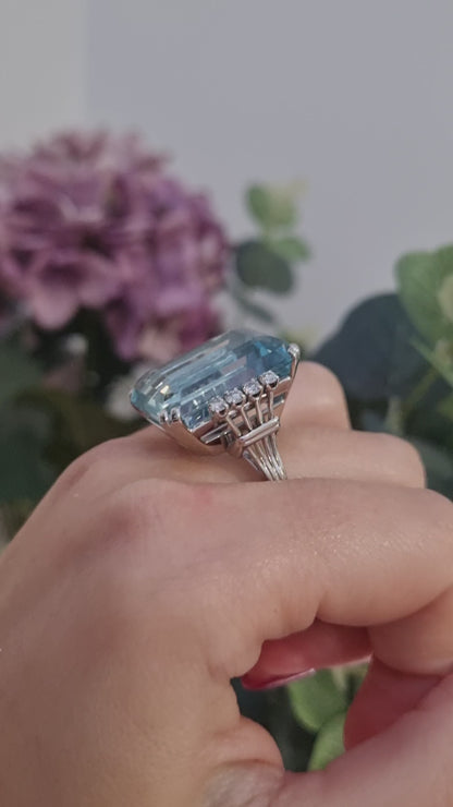 Vintage Retro 27cts Aquamarine and Diamond Cocktail Ring