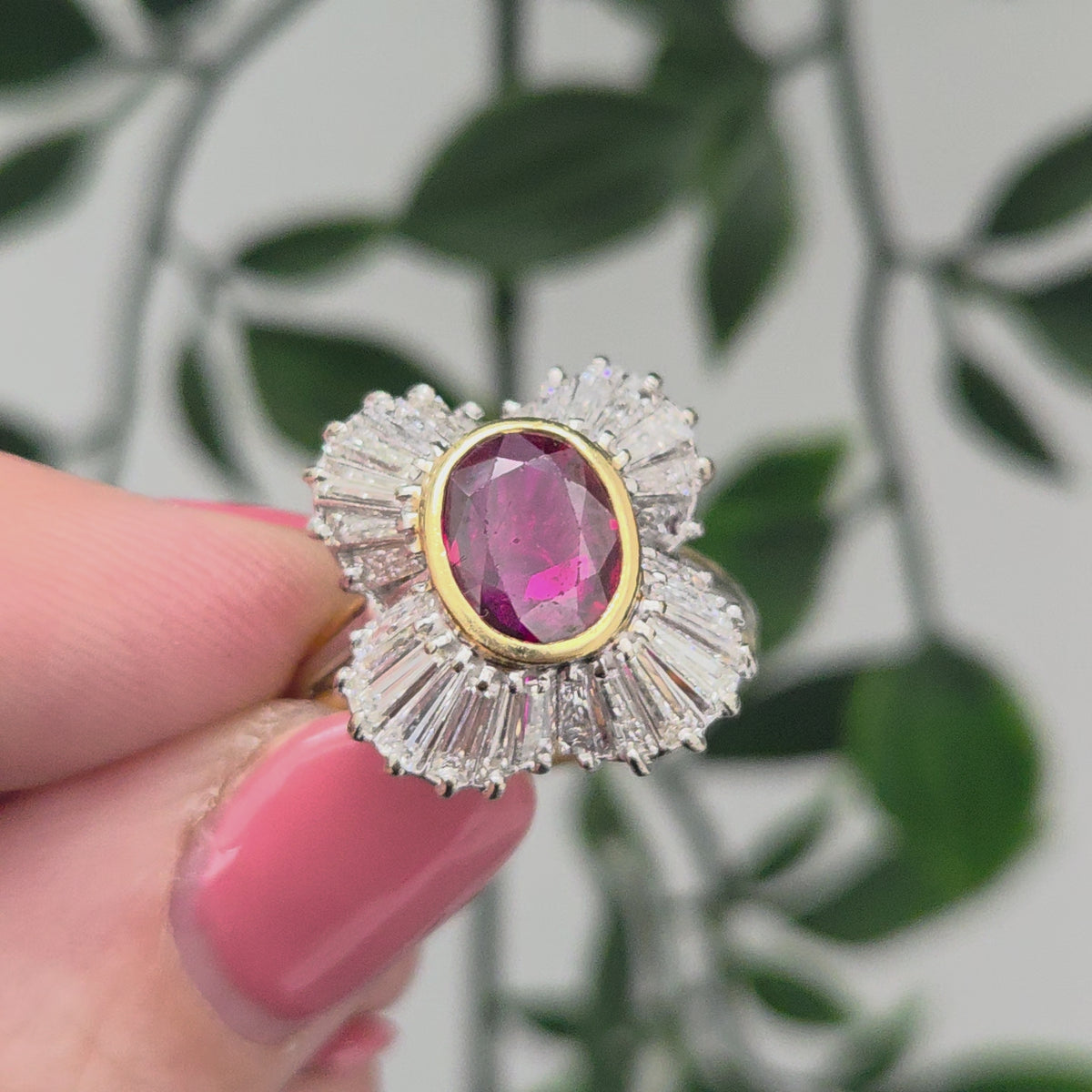 Oval Ruby and Tapered Baguette Diamond Ballerina Cluster Ring