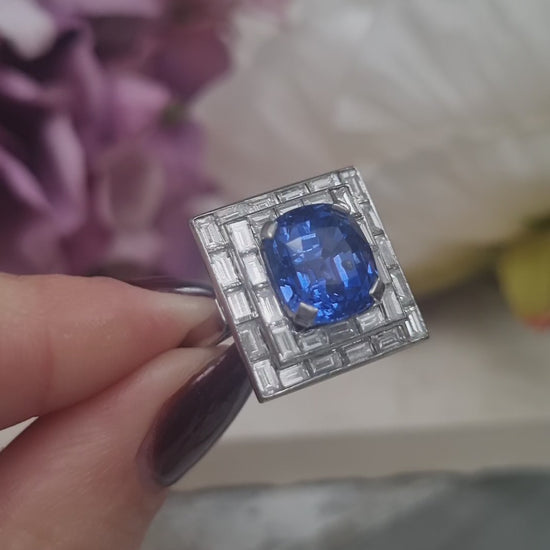 Art Deco French 5ct Sapphire and Baguette Diamond Cluster Plaque Ring 1930s