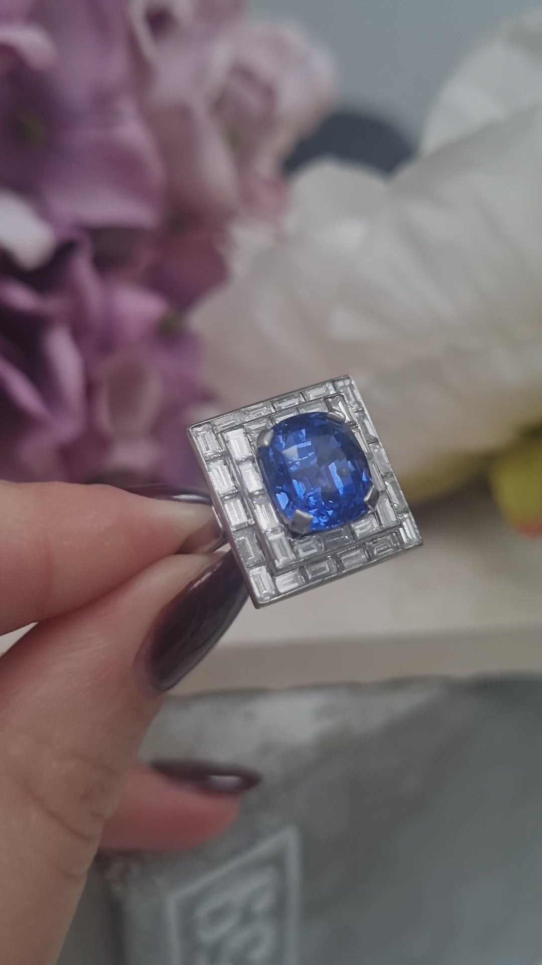 Art Deco French 5ct Sapphire and Baguette Diamond Cluster Plaque Ring 1930s