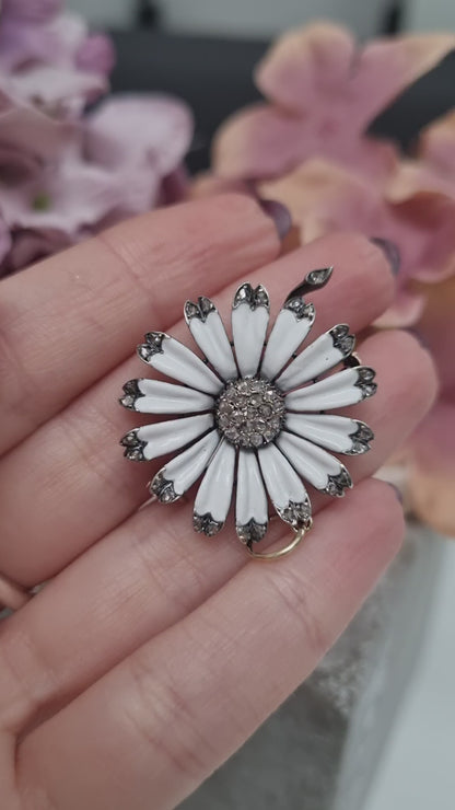 Victorian 18 Carat Gold, Silver, Enamel and Diamond Flower Brooch/Pendant
