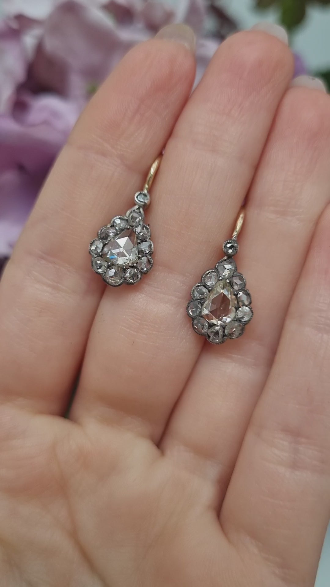 Antique Rose Cut Diamond Pear Shape Cluster Drop Earrings
