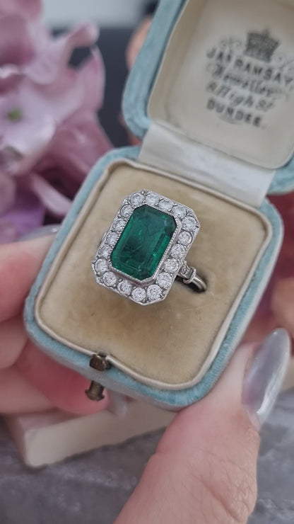 Vintage 2ct Colombian Emerald and Diamond Cluster Dress Ring