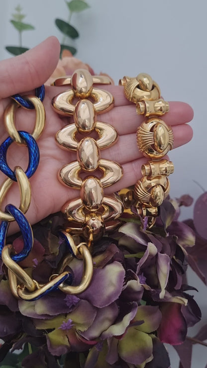 Vintage French Blue Enamel and Gold Oval Open Link Bracelet