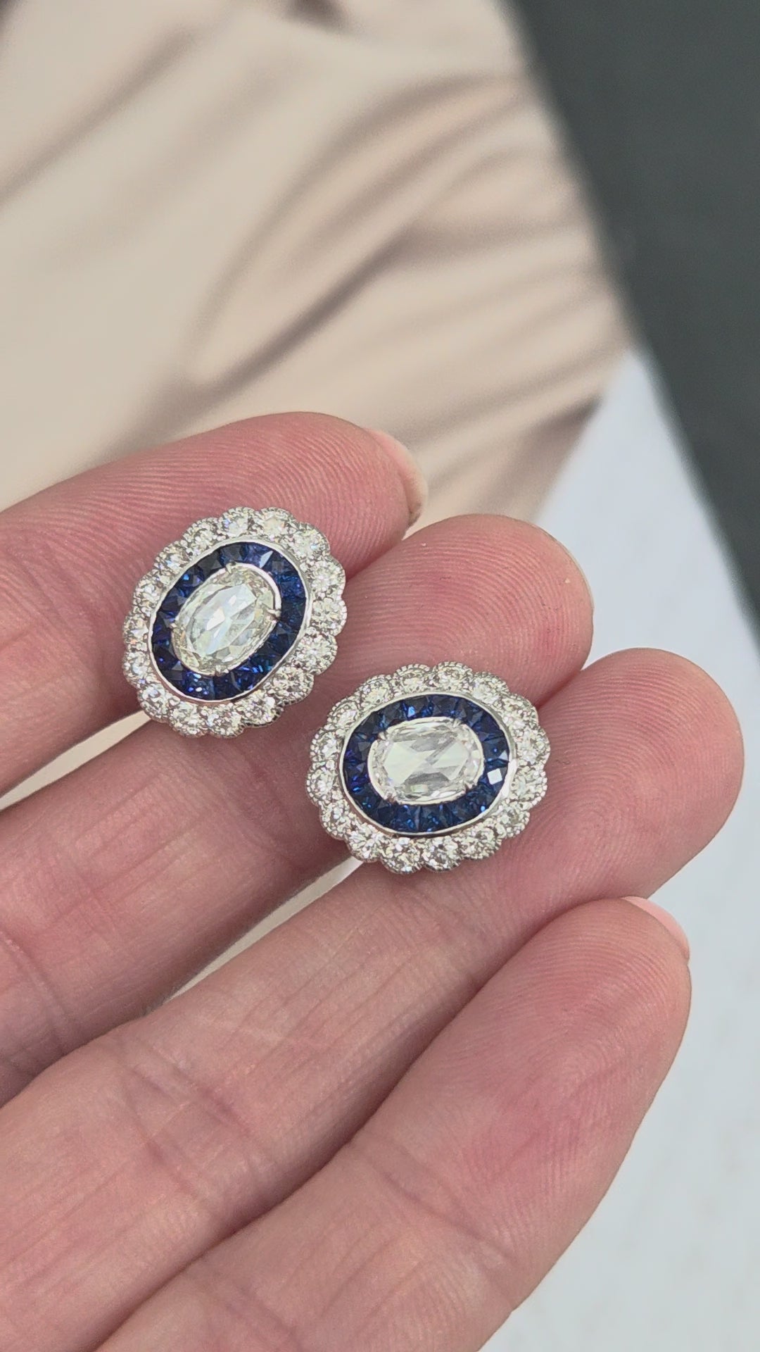 Oval Rose Cut Diamond and Sapphire Double Cluster Earrings