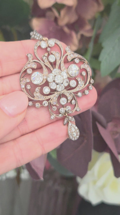 Victorian Antique Old Cut Diamond Scroll Drop Pendant