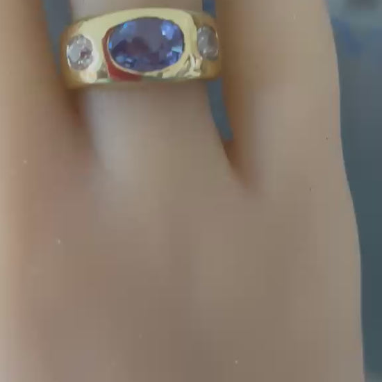 Vintage Certified 2.10ct Ceylon Sapphire and Diamond Three Stone Gypsy Ring