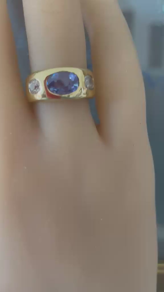 Vintage Certified 2.10ct Ceylon Sapphire and Diamond Three Stone Gypsy Ring