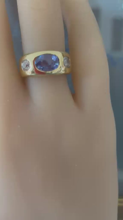 Vintage Certified 2.10ct Ceylon Sapphire and Diamond Three Stone Gypsy Ring