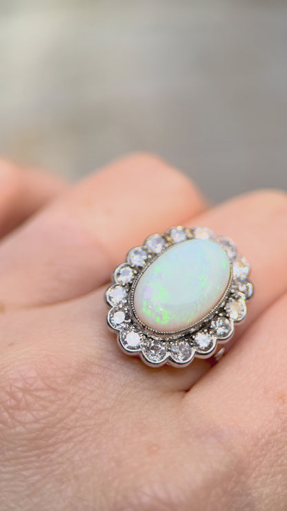 Vintage Opal Old Mine Brilliant Diamond Platinum Ring