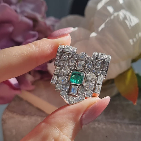 Art Deco Colombian Emerald and Diamond Clip Brooch