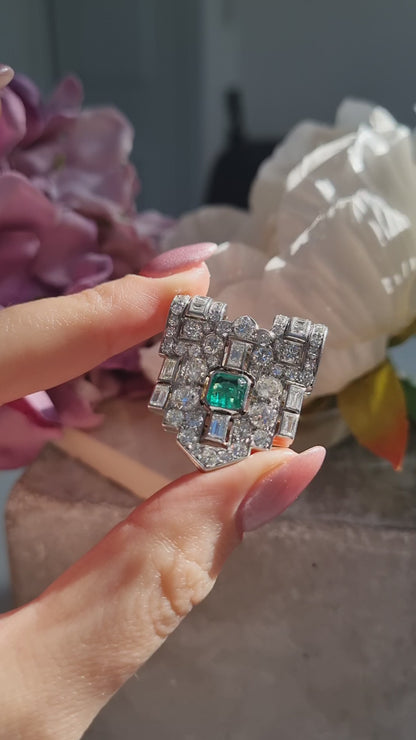 Art Deco Colombian Emerald and Diamond Clip Brooch