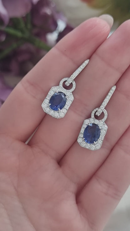 Contemporary 3.4ct Sapphire and Diamond Cluster Drop Earrings