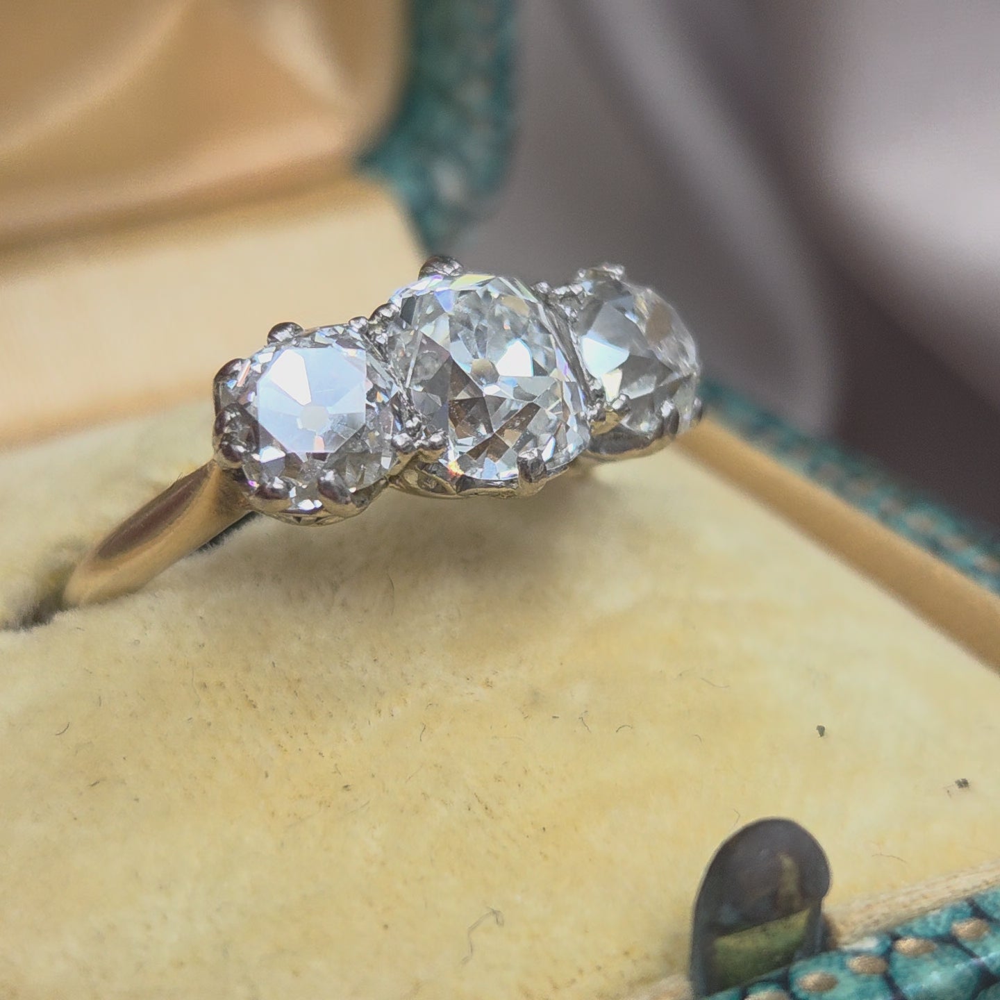 Antique 3.40ct Old Mine Cut Diamond Three Stone Engagement Ring