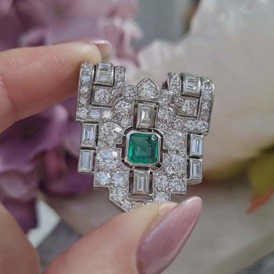 Art Deco Colombian Emerald and Diamond Clip Brooch