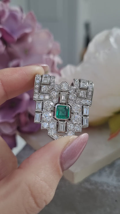 Art Deco Colombian Emerald and Diamond Clip Brooch