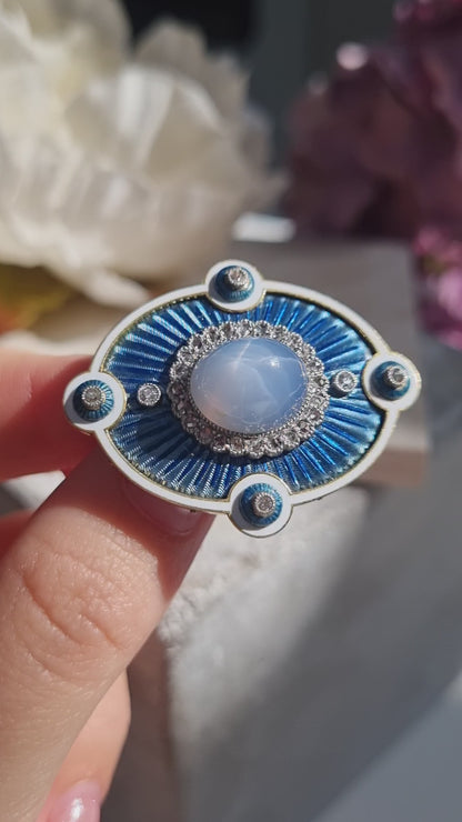 Edwardian Antique Star Sapphire Diamond Blue and White Enamel Pendant Brooch