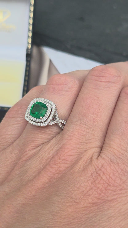 1.04ct Emerald and Diamond Double Halo Cluster Engagement Ring