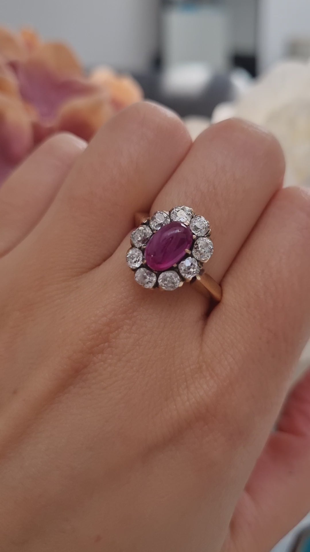 Victorian Antique Burma No Heat Cabochon Ruby and Old Cut Diamond Cluster Engagement Ring