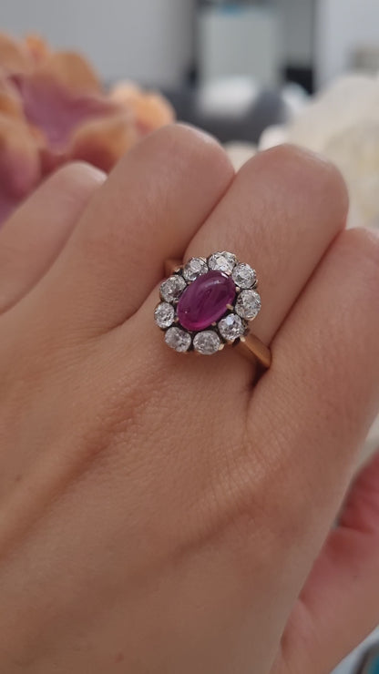 Victorian Antique Burma No Heat Cabochon Ruby and Old Cut Diamond Cluster Engagement Ring