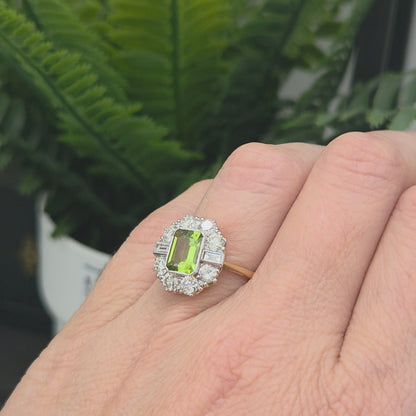 1.40ct Emerald Cut Peridot and Diamond Cluster Engagement Ring
