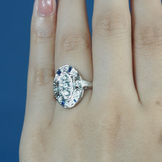 Sapphire and Diamond Three Stone Cluster Plaque Ring