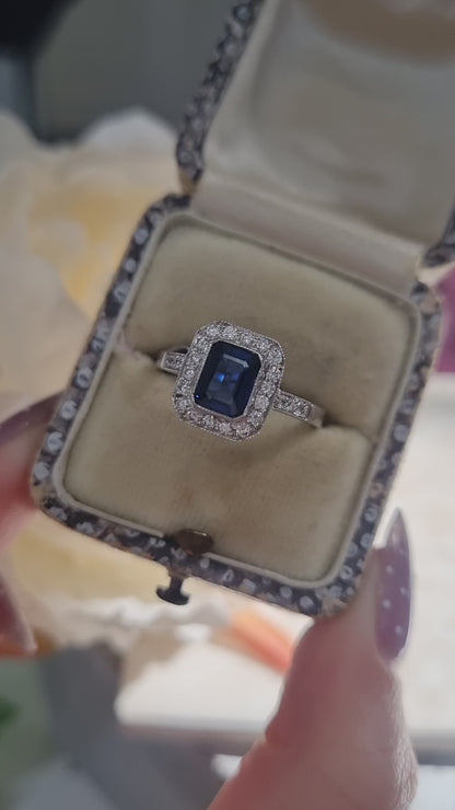 1ct Octagonal Cut Sapphire and Diamond Cluster Engagement Ring