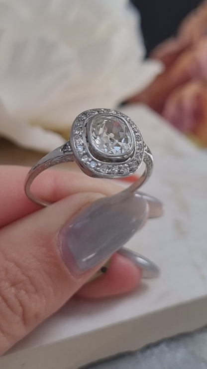 Antique 1.50ct Cushion Diamond Halo Cluster Engagement Ring