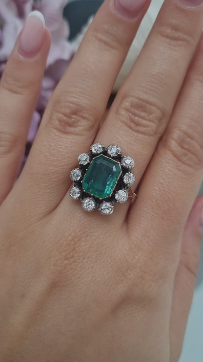 Victorian Antique Emerald and Diamond Cluster Ring