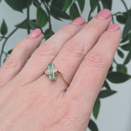 Edwardian Antique Emerald and Old Cut Diamond Toi et Moi Ring