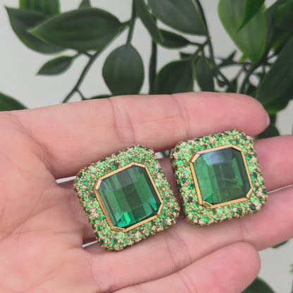 Pre-Owned Fochtmann Green Tourmaline Tsavorite Garnet and Diamond Square Cluster Clip Earrings