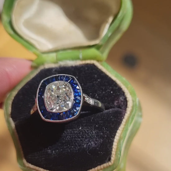 Vintage 2ct Old Mine Cut Diamond and Sapphire Target Cluster Engagement Ring