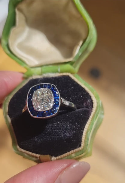 Vintage 2ct Old Mine Cut Diamond and Sapphire Target Cluster Engagement Ring